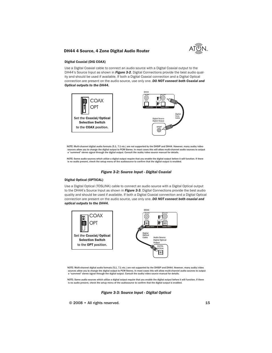 Dh44 4 source, 4 zone digital audio router, Figure 3-2: source input - digital coaxial, Figure 3-3: source input - digital optical | ATON DH44 User Manual | Page 17 / 72