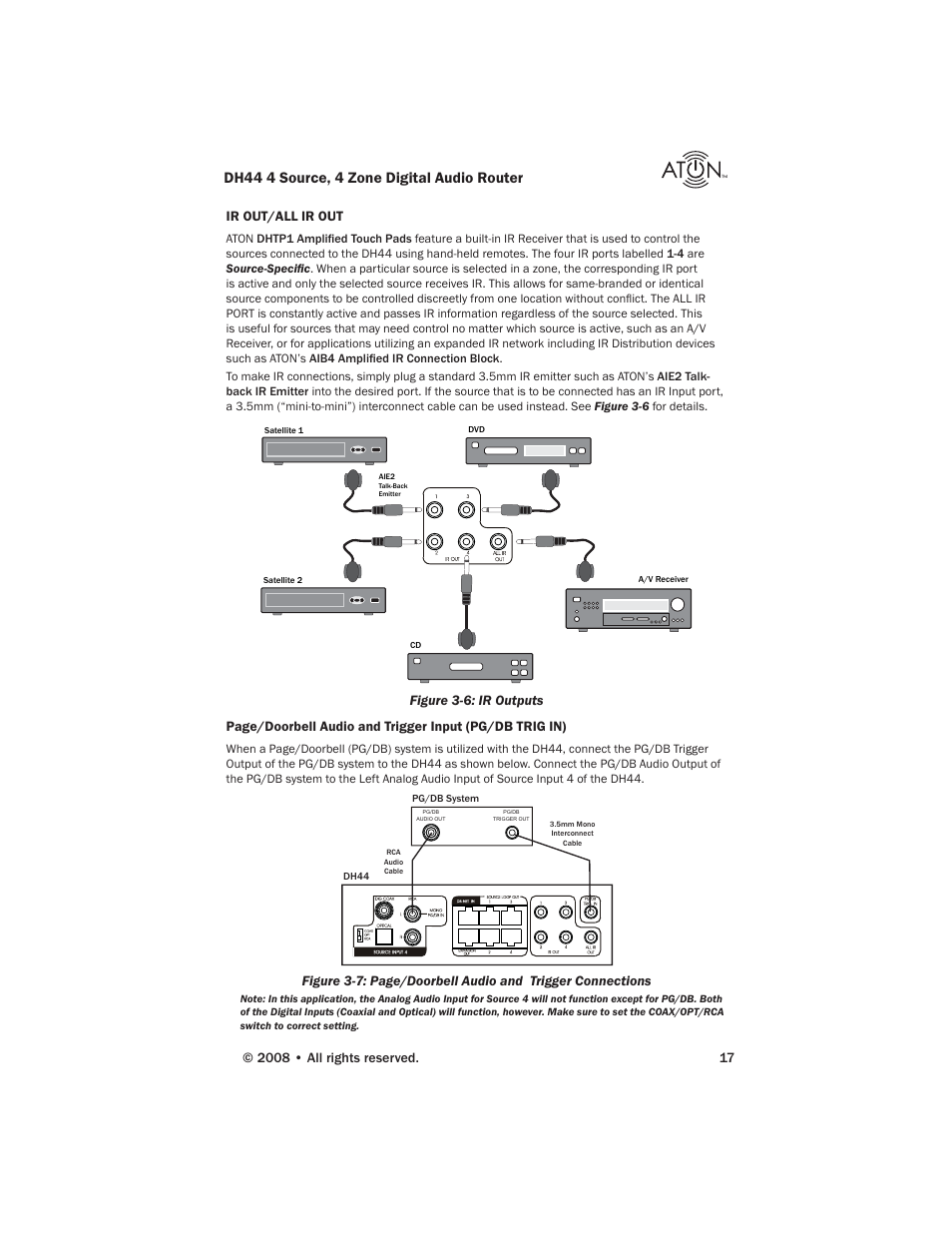 Dh44 4 source, 4 zone digital audio router, Ir out/all ir out | ATON DH44 User Manual | Page 19 / 72