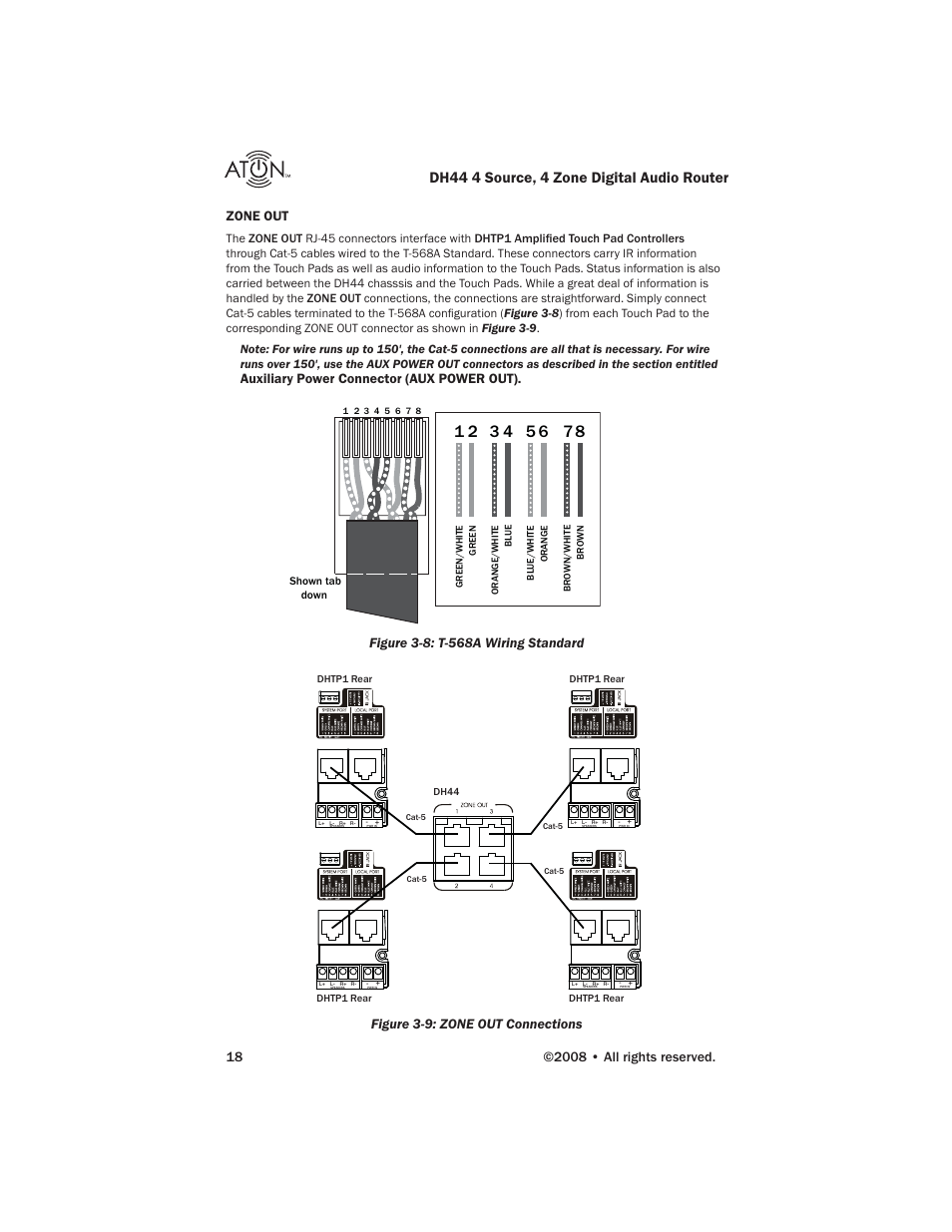 Dh44 4 source, 4 zone digital audio router, Zone out, Auxiliary power connector (aux power out) | Figure 3-9: zone out connections | ATON DH44 User Manual | Page 20 / 72