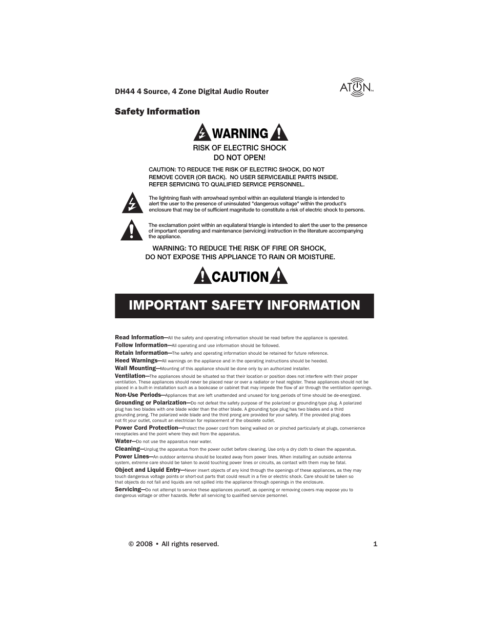 Caution, Warning, Important safety information | Safety information | ATON DH44 User Manual | Page 3 / 72