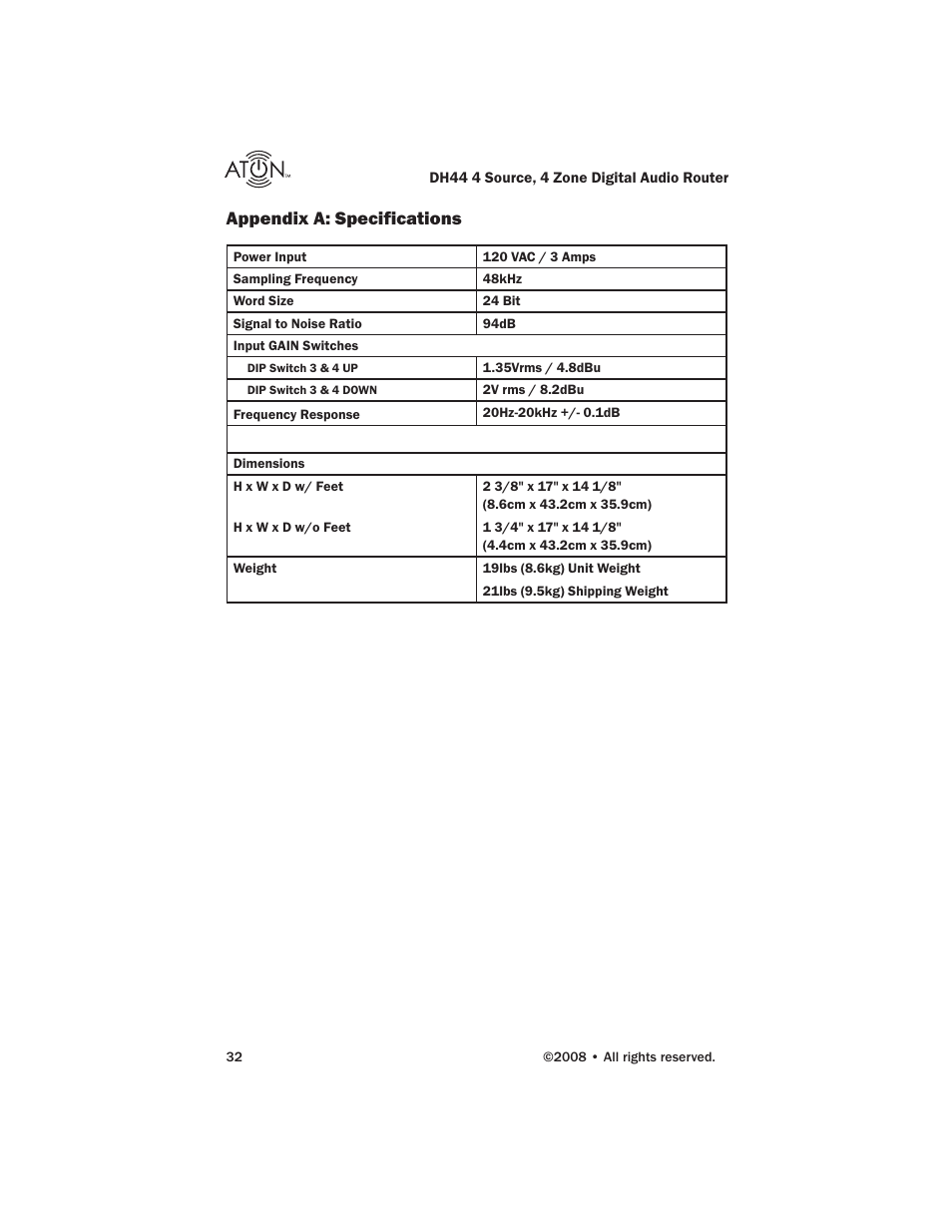 Appendix a: specifications | ATON DH44 User Manual | Page 34 / 72