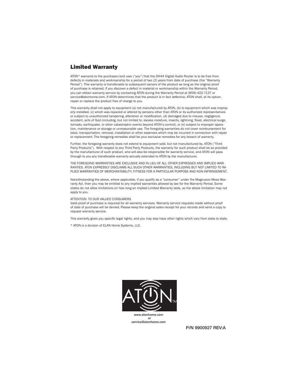 Limited warranty | ATON DH44 User Manual | Page 36 / 72