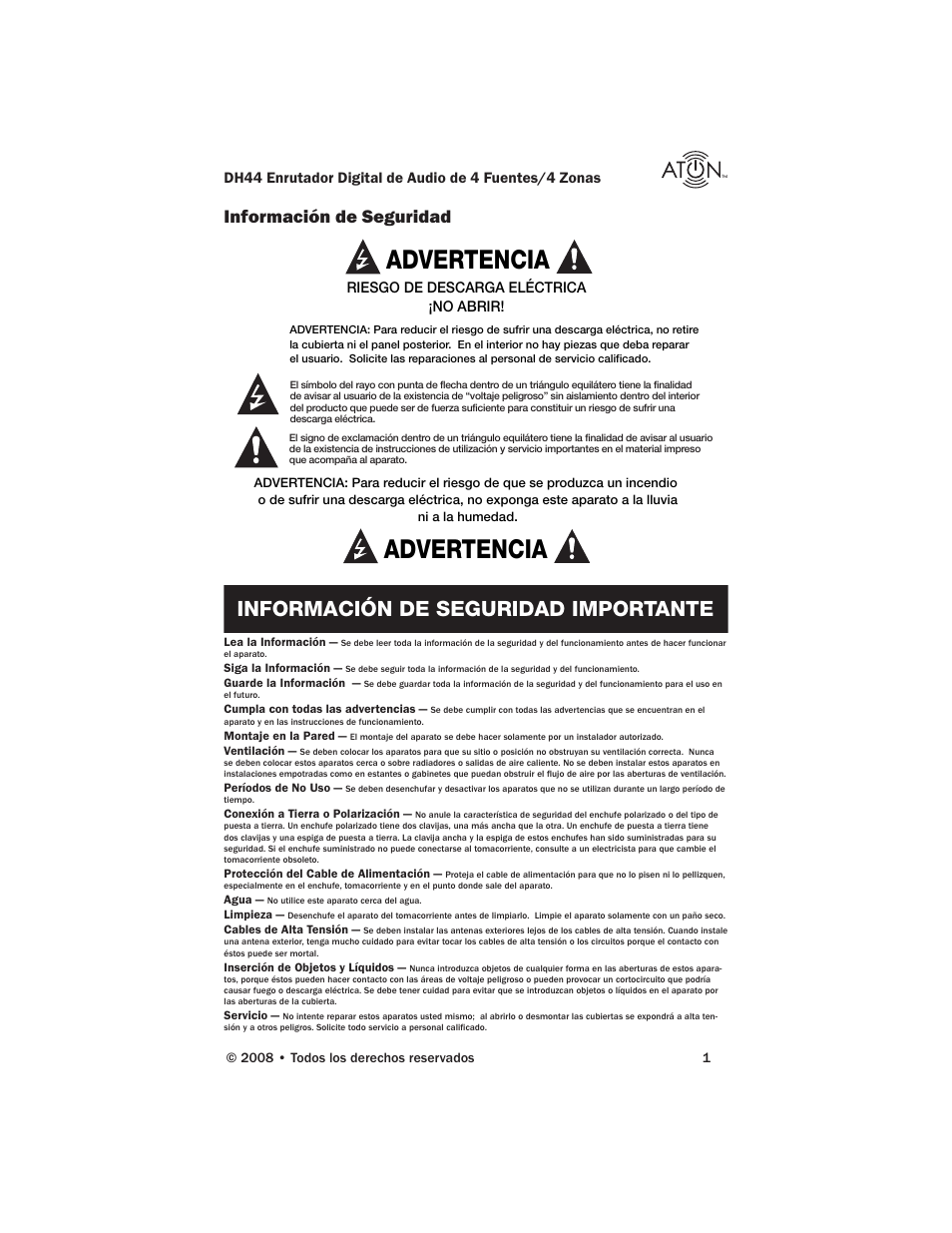 Advertencia, Información de seguridad importante, Información de seguridad | ATON DH44 User Manual | Page 39 / 72