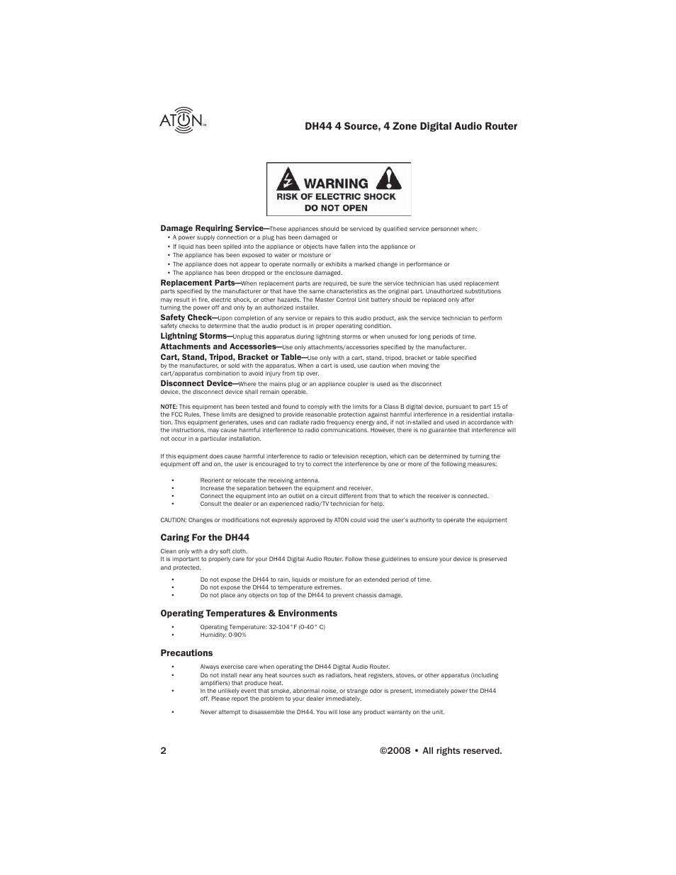 Dh44 4 source, 4 zone digital audio router, Caring for the dh44, Operating temperatures & environments | Precautions | ATON DH44 User Manual | Page 4 / 72