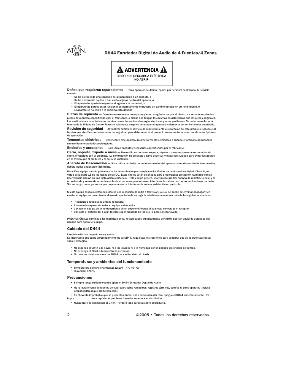 Advertencia, Cuidado del dh44, Temperaturas y ambientes del funcionamiento | Precauciones | ATON DH44 User Manual | Page 40 / 72