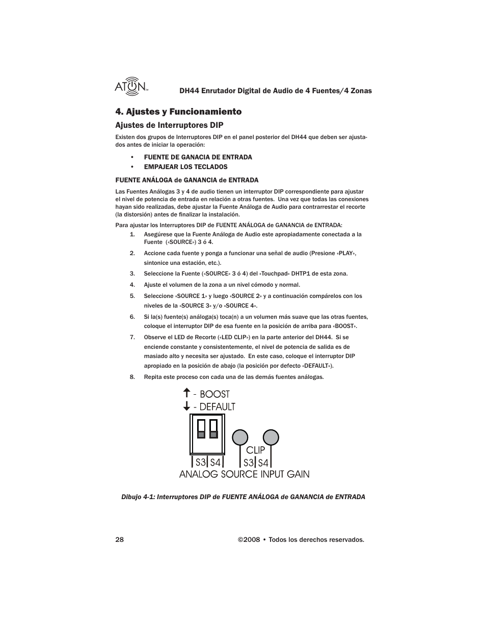 Ajustes y funcionamiento, Ajustes de interruptores dip | ATON DH44 User Manual | Page 66 / 72