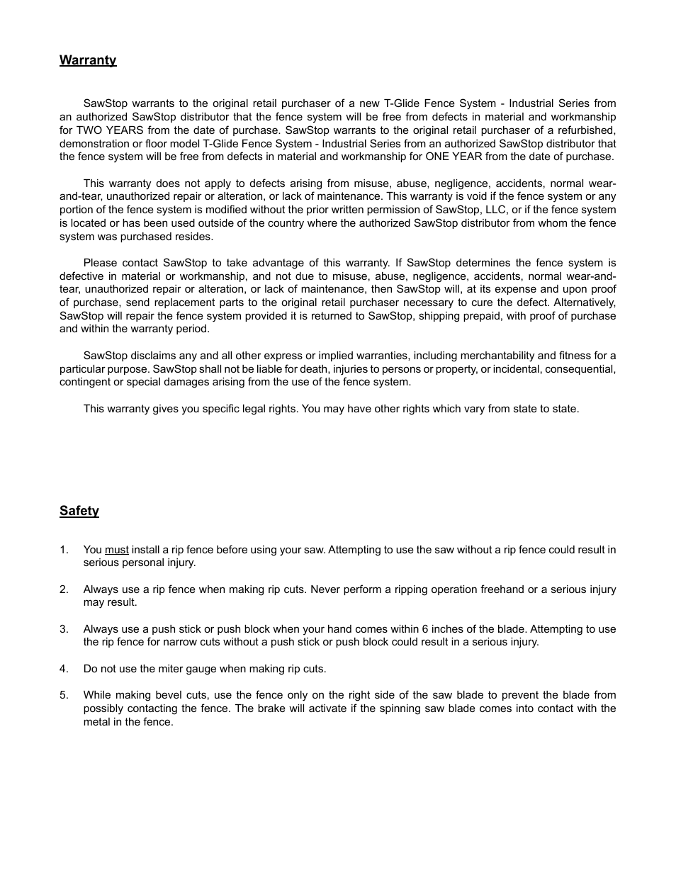 SawStop T-Glide Fence System User Manual | Page 2 / 18