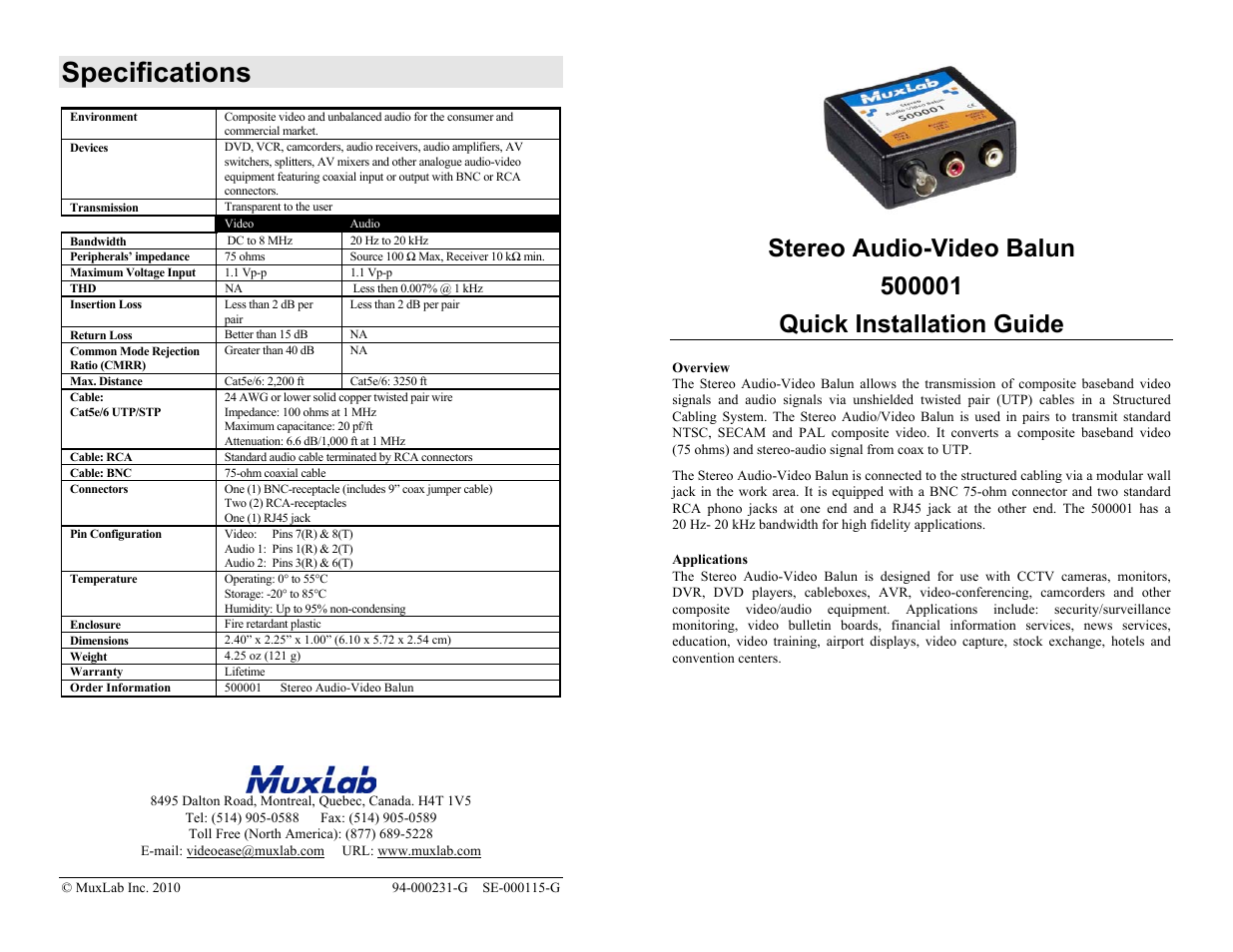 Muxlab Stereo Audio-Video Balun User Manual | 2 pages