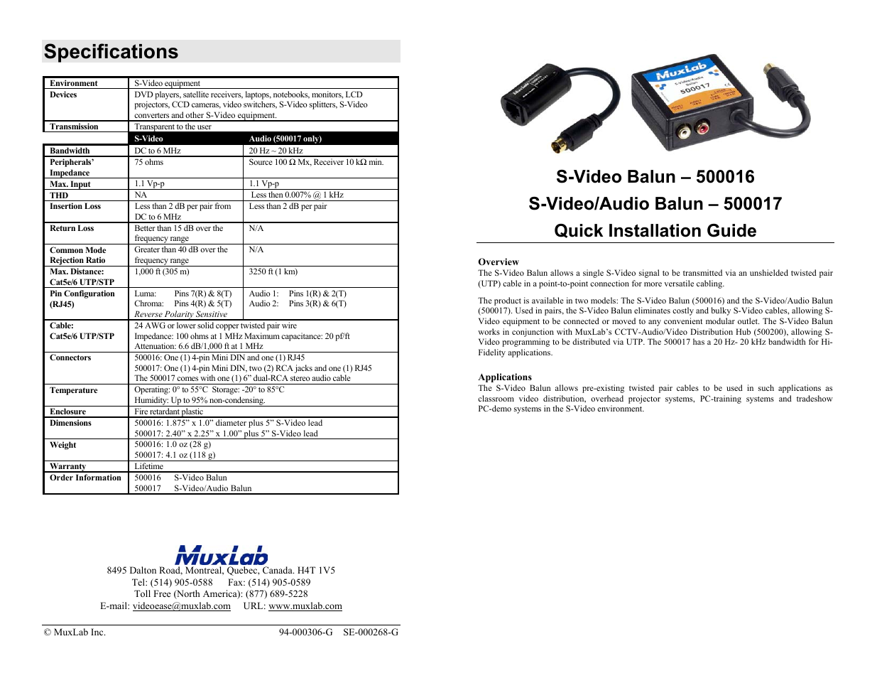 Muxlab S-Video/Audio Balun User Manual | 2 pages