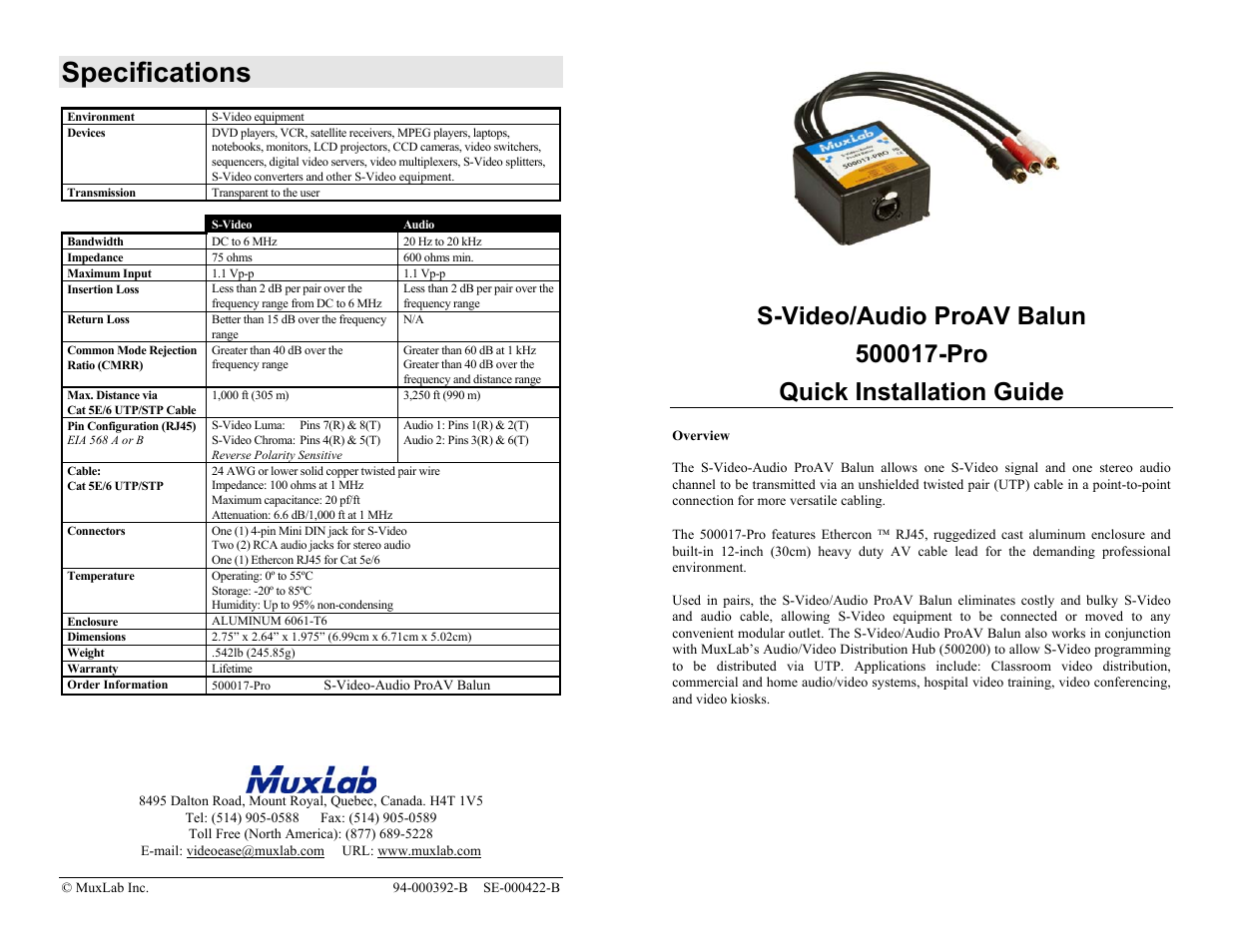 Muxlab S-Video/Audio Balun User Manual | 2 pages