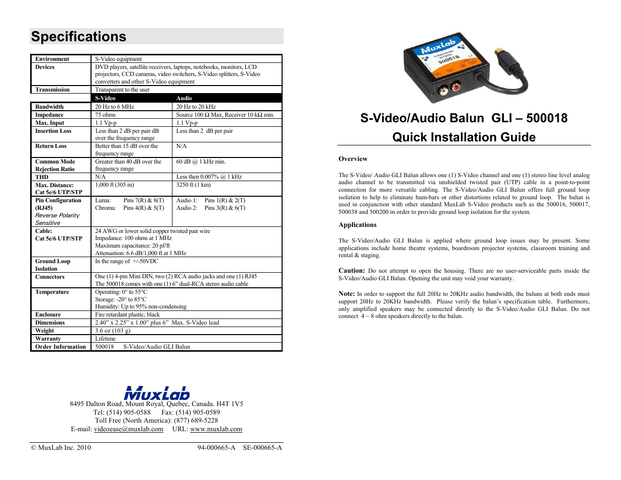 Muxlab S-VideoAudio GLI Balun User Manual | 2 pages