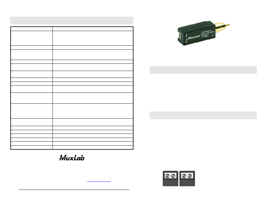 Muxlab Analog Audio Balun User Manual | 2 pages