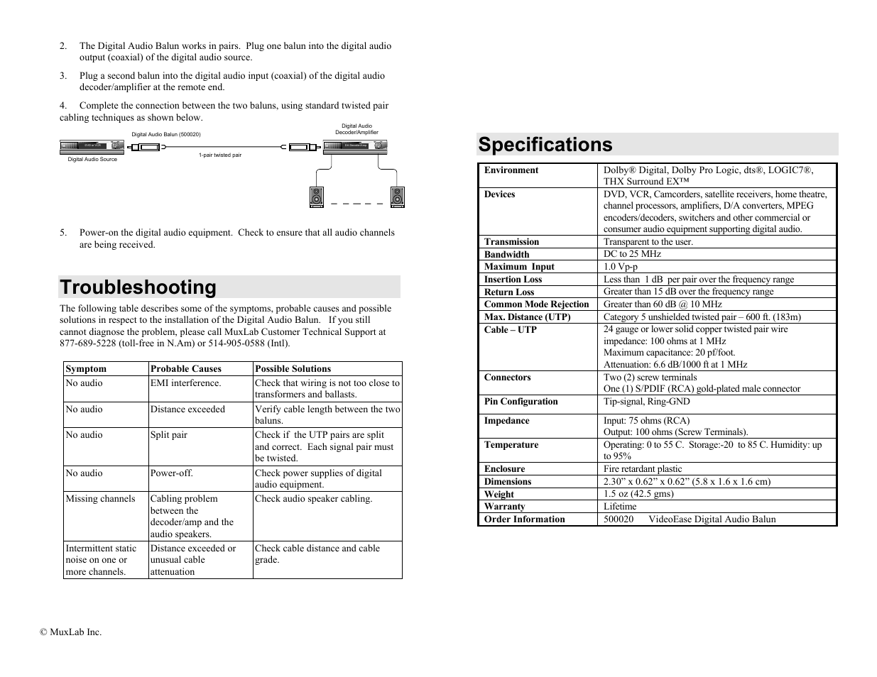 Troubleshooting, Specifications, Environment | Connectors, Pin configuration, Impedance, Warranty | Muxlab Digital Audio Balun User Manual | Page 2 / 2
