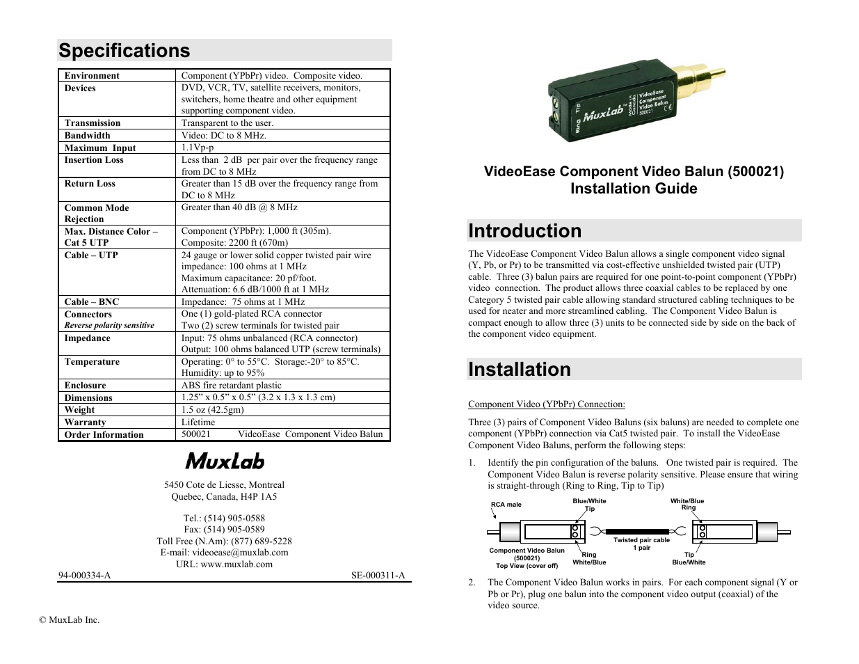 Muxlab Component Video Balun User Manual | 2 pages