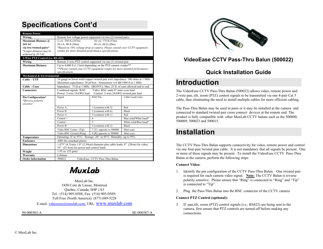 Muxlab CCTV Pass-Thru Balun User Manual | 2 pages