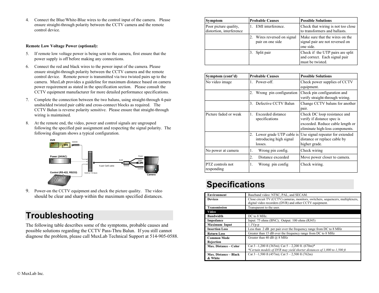 Troubleshooting, Specifications, Environment | Video, Bandwidth | Muxlab CCTV Pass-Thru Balun User Manual | Page 2 / 2