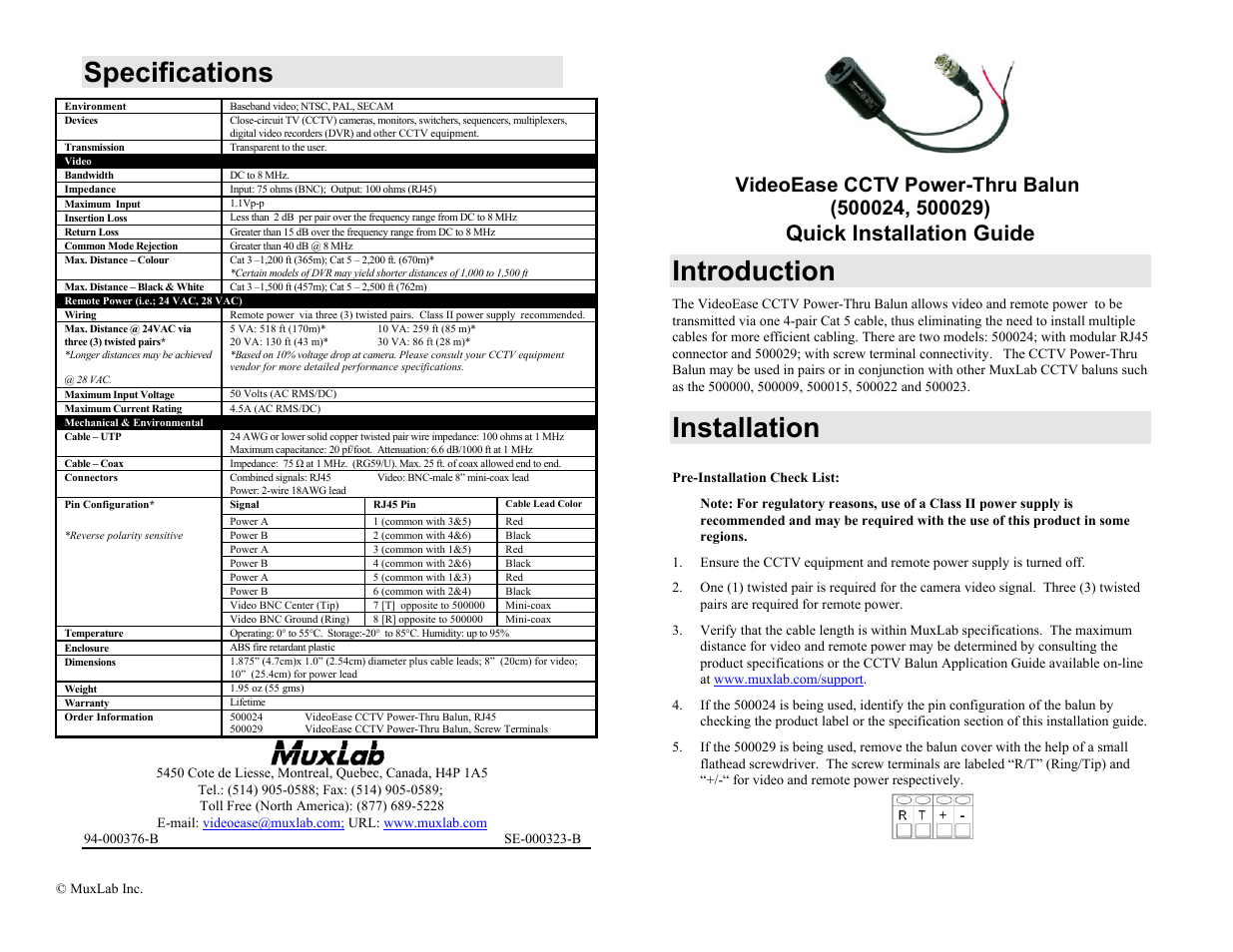 Muxlab CCTV Power-Thru Balun User Manual | 2 pages