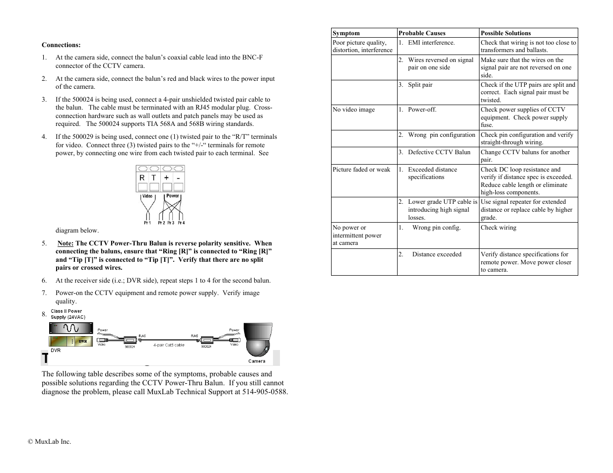 Troubleshooting | Muxlab CCTV Power-Thru Balun User Manual | Page 2 / 2