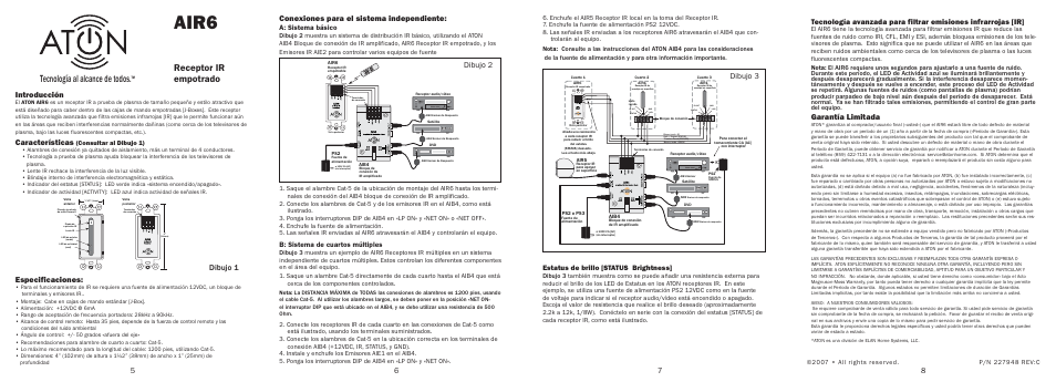 Air6, Tecnología al alcance de todos, Receptor ir empotrado | Garantía limitada, Introducción, Características, Dibujo 1 especificaciones, Conexiones para el sistema independiente, Dibujo 2, Dibujo 3 | ATON In-Wall IR Receiver AIR6 User Manual | Page 2 / 2