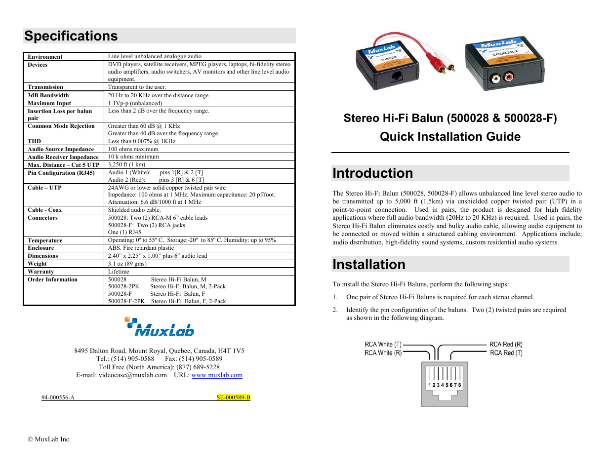 Muxlab Stereo Hi-Fi Balun User Manual | 2 pages