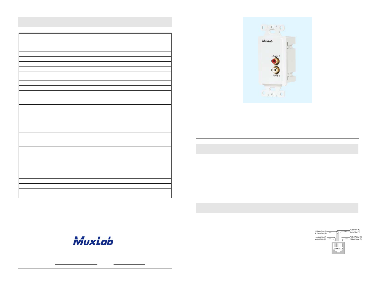 Muxlab Stereo Hi-Fi Wall Balun, US User Manual | 2 pages