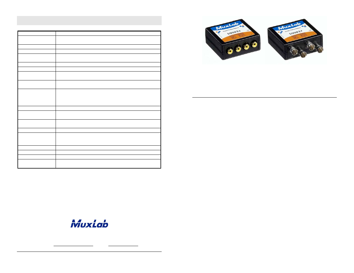 Muxlab Quad Video Balun User Manual | 2 pages