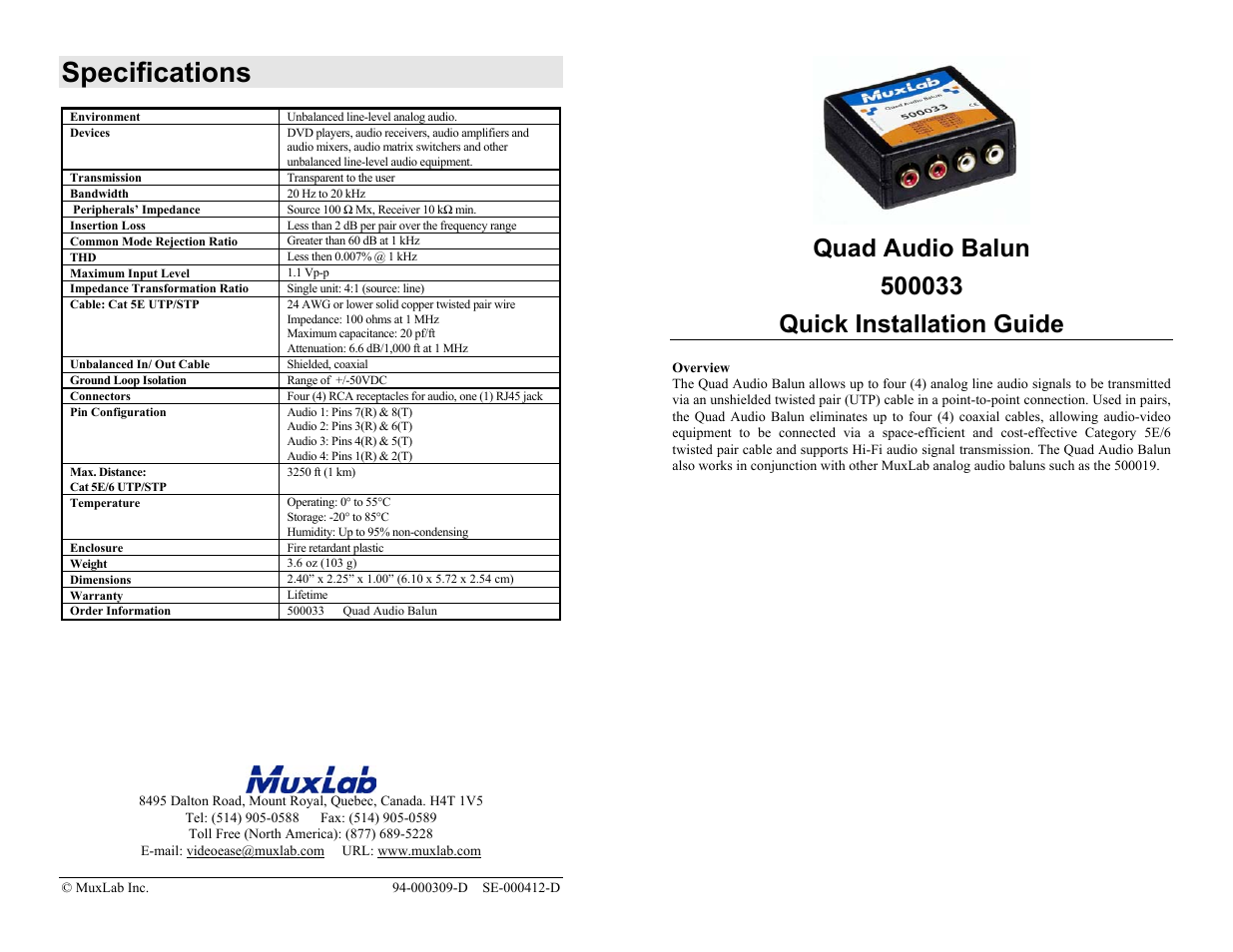 Muxlab Quad Audio Balun User Manual | 2 pages