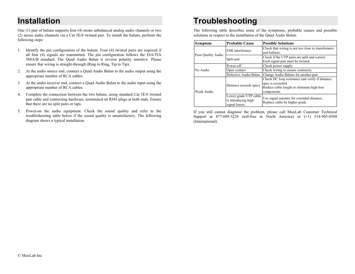 Installation, Troubleshooting | Muxlab Quad Audio Balun User Manual | Page 2 / 2