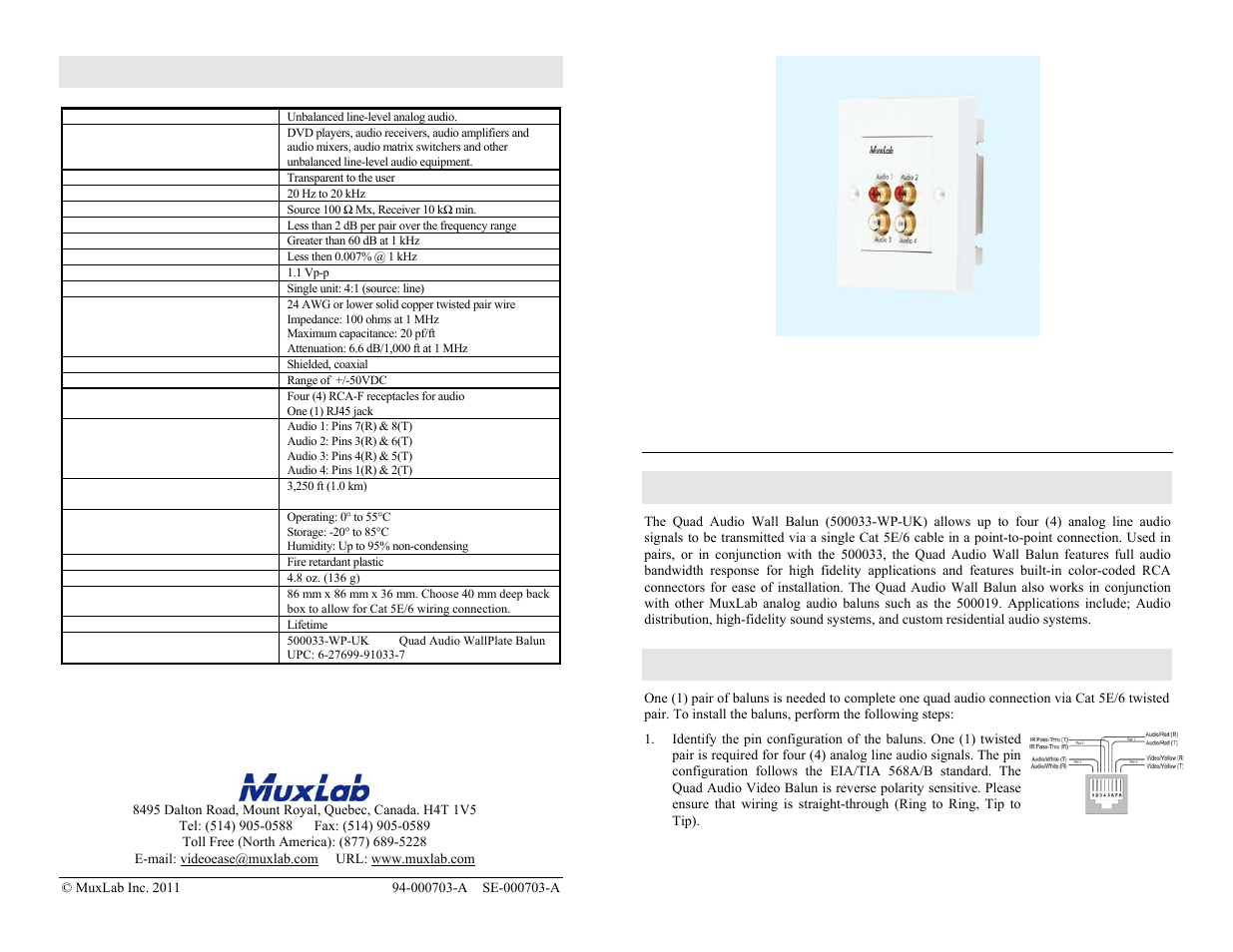 Muxlab Quad Audio Wall Balun, UK User Manual | 2 pages