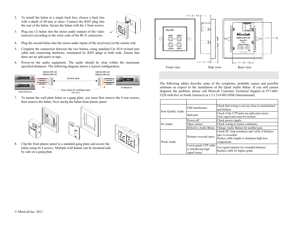 Troubleshooting | Muxlab Quad Audio Wall Balun, UK User Manual | Page 2 / 2
