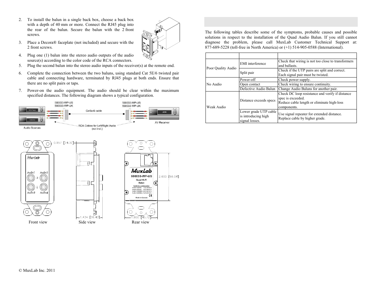 Troubleshooting | Muxlab Quad Audio Wall Balun, US User Manual | Page 2 / 2