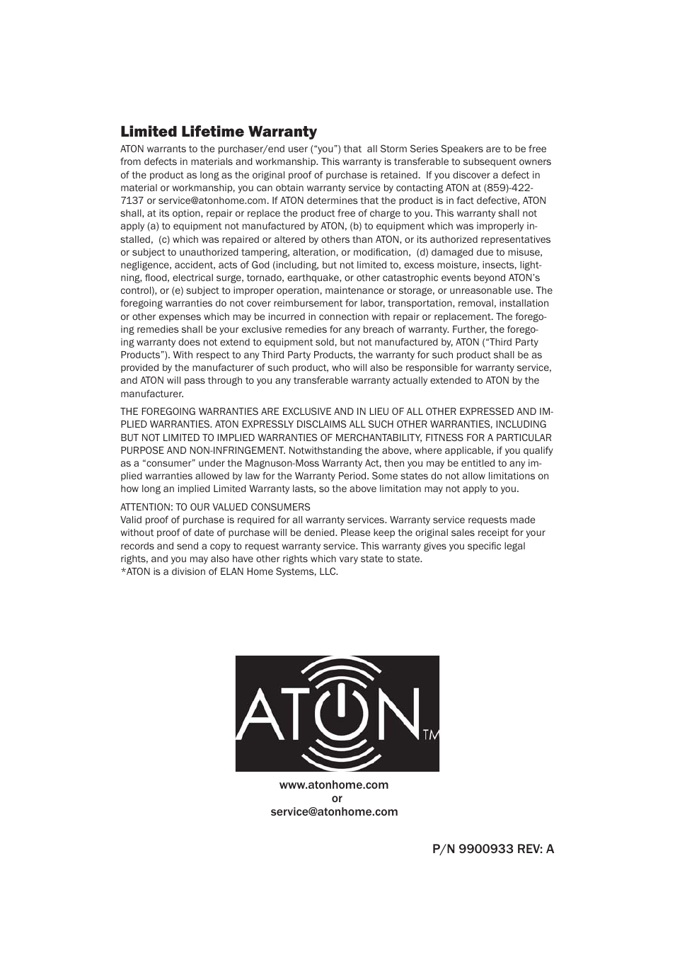 Limited lifetime warranty | ATON STORM A83C User Manual | Page 20 / 20