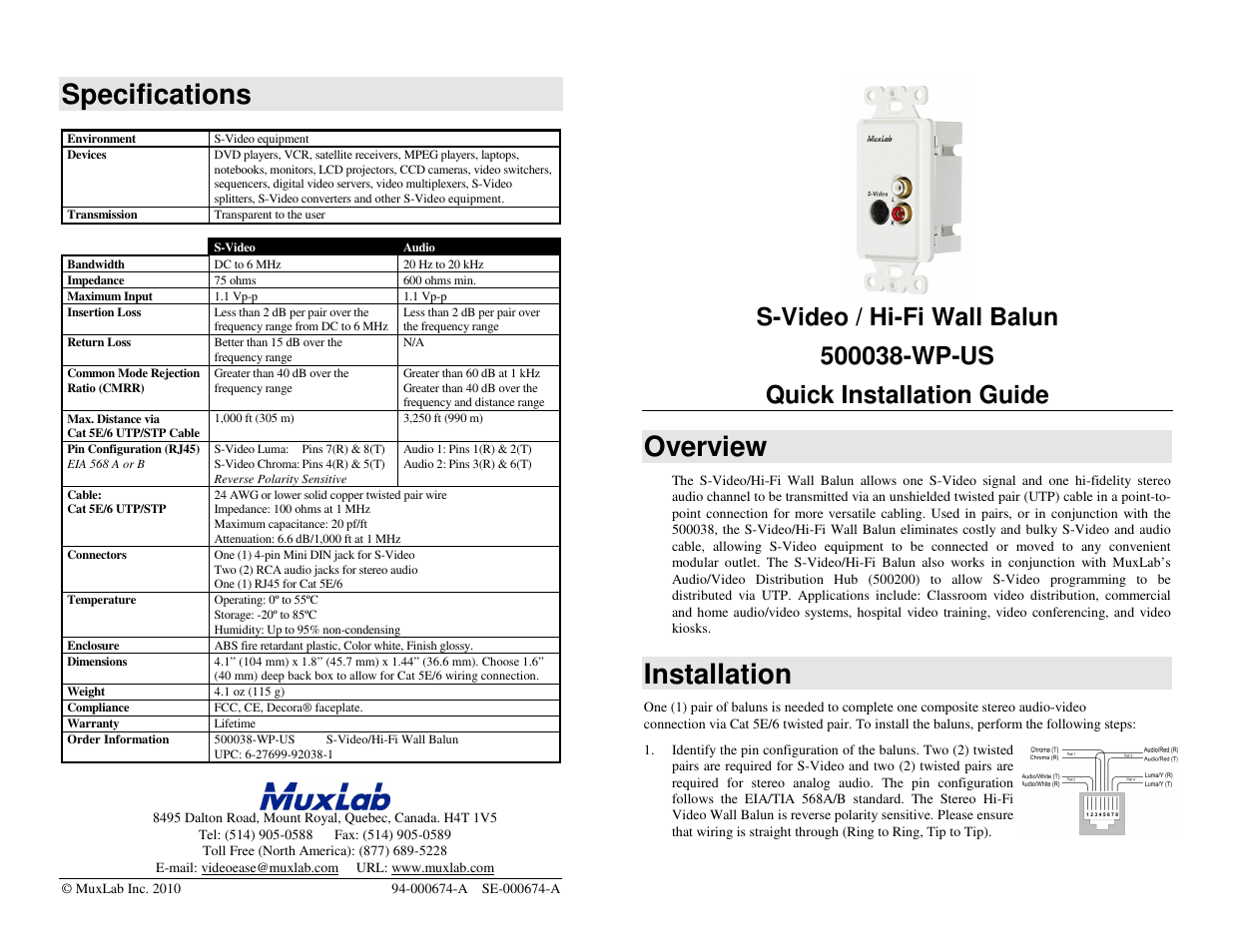 Muxlab S-Video/Hi-Fi Wall Balun, US User Manual | 2 pages