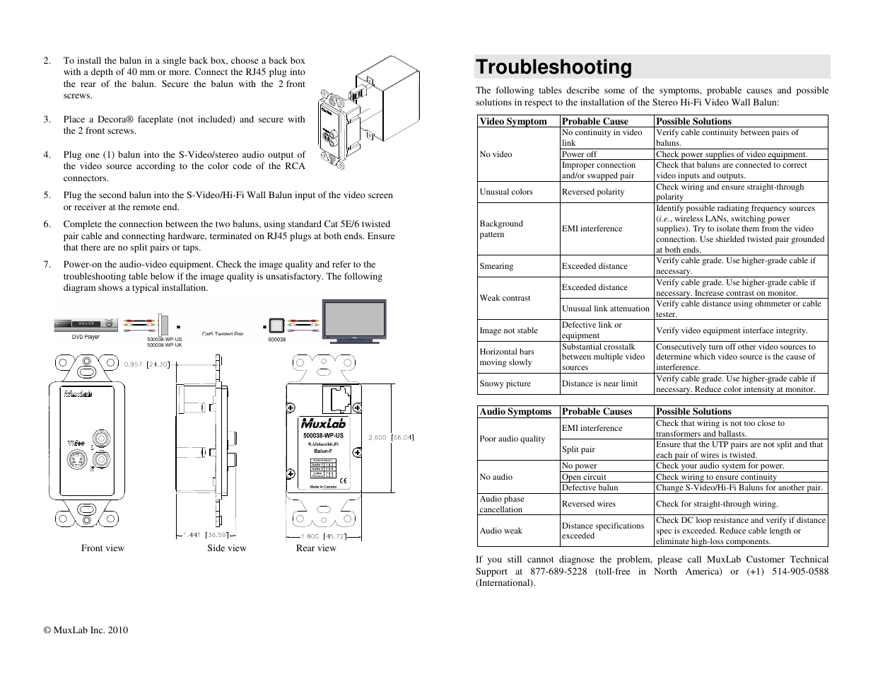 Troubleshooting | Muxlab S-Video/Hi-Fi Wall Balun, US User Manual | Page 2 / 2