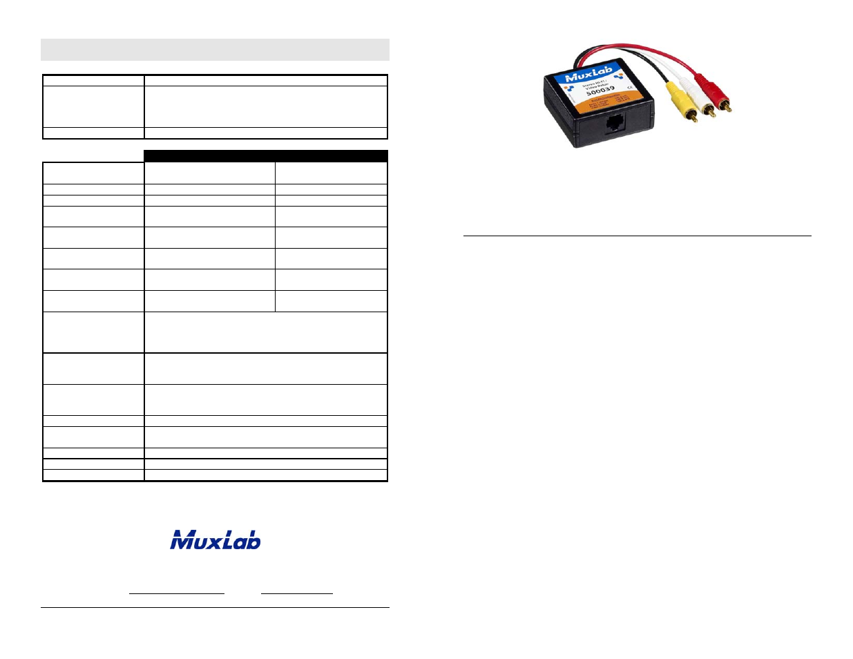 Muxlab Stereo Hi-Fi/Video GLI Balun User Manual | 2 pages