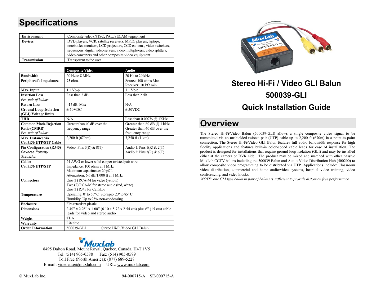 Muxlab Stereo Hi-Fi/Video GLI Balun User Manual | 2 pages