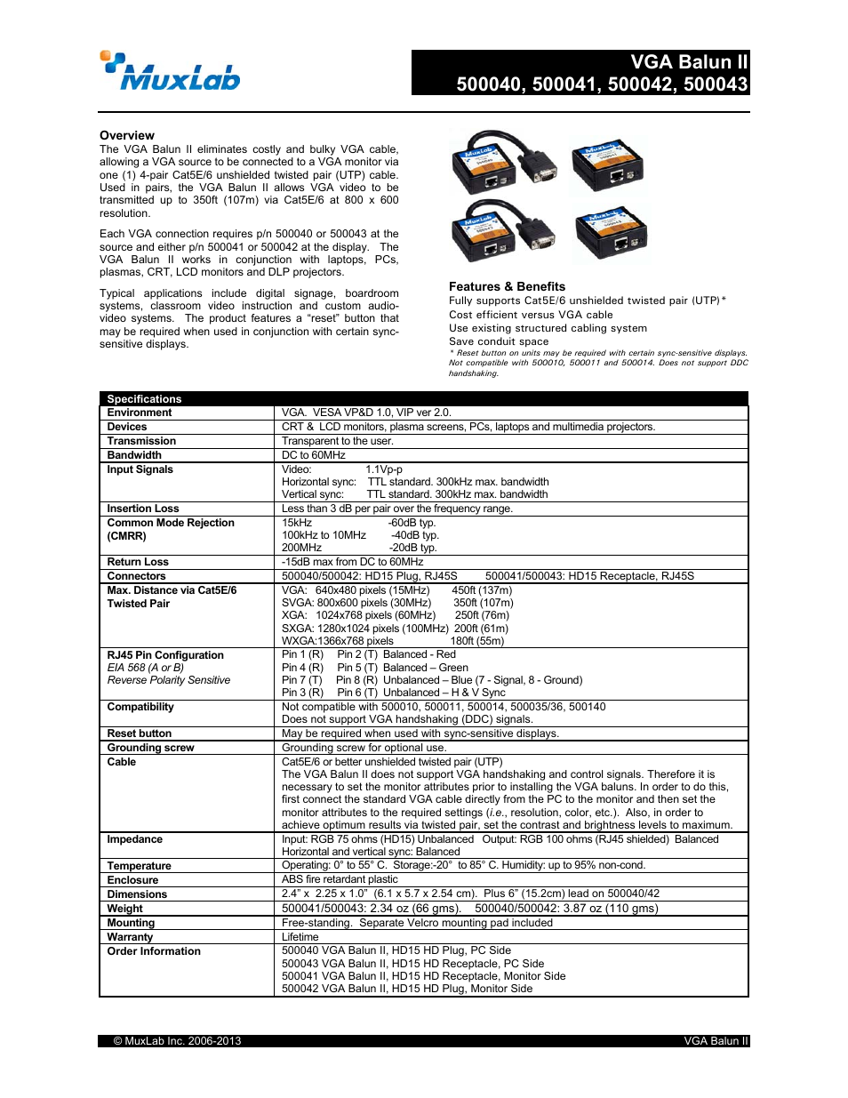 Muxlab VGA Balun II User Manual | 2 pages