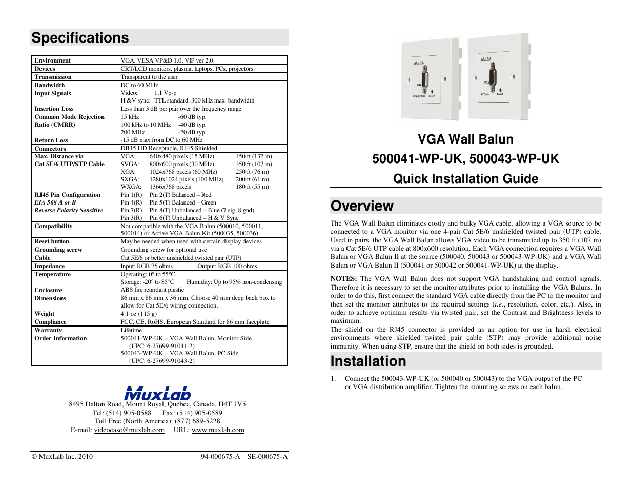 Muxlab VGA Wall Balun II, UK User Manual | 3 pages