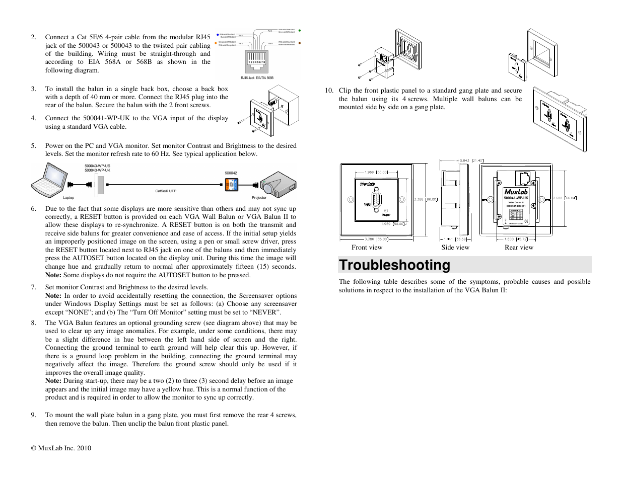 Troubleshooting | Muxlab VGA Wall Balun II, UK User Manual | Page 2 / 3