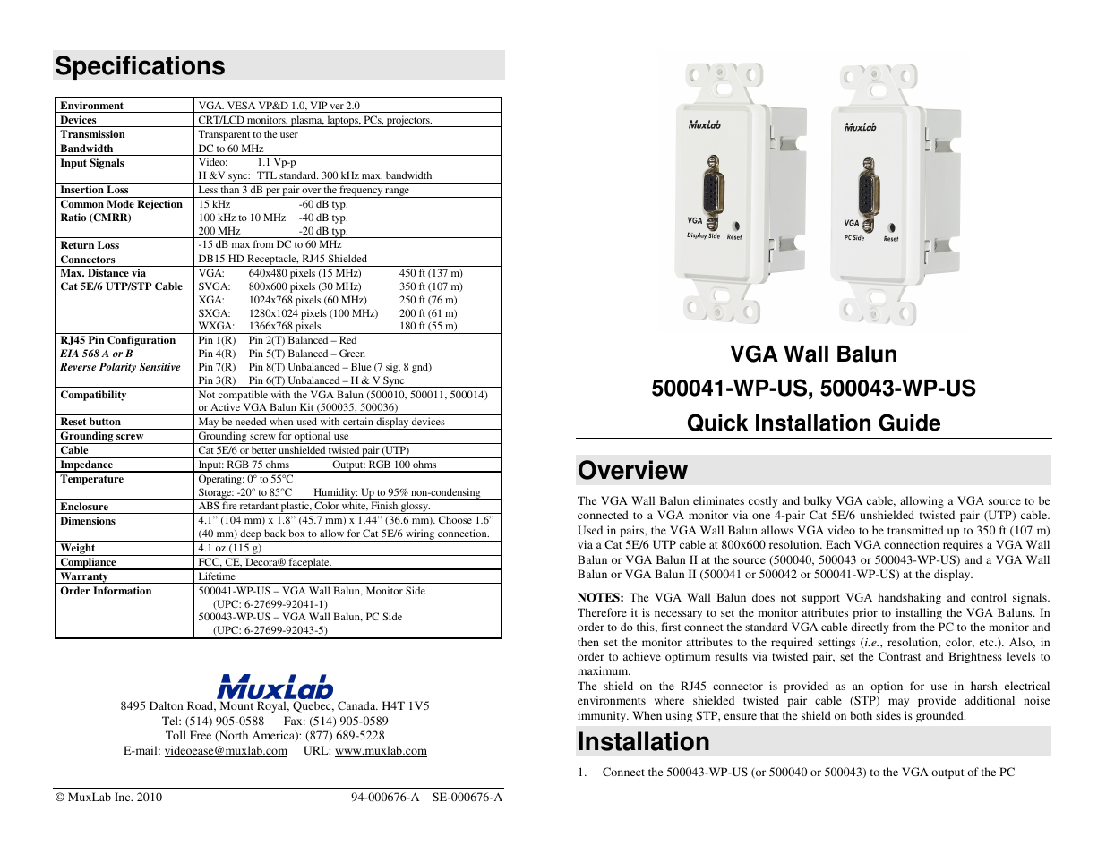 Muxlab VGA Wall Balun II, US User Manual | 2 pages