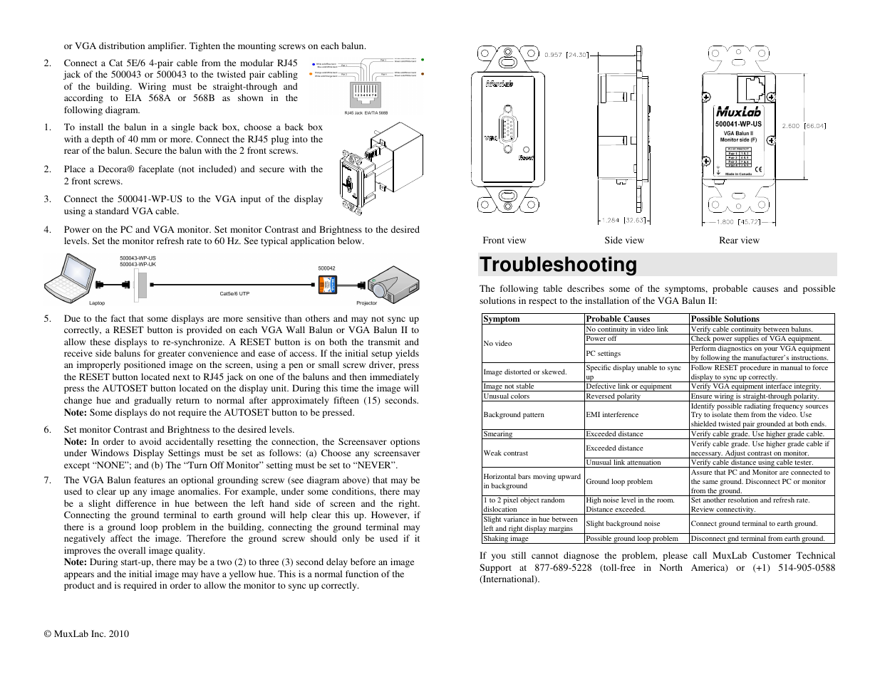 Troubleshooting | Muxlab VGA Wall Balun II, US User Manual | Page 2 / 2