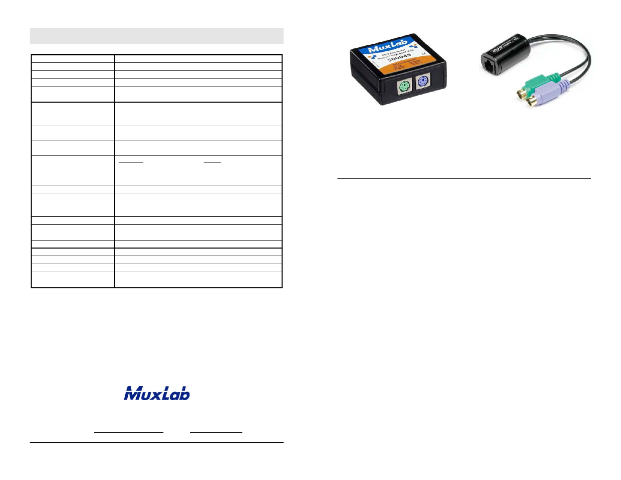 Muxlab PS/2 Converter User Manual | 2 pages