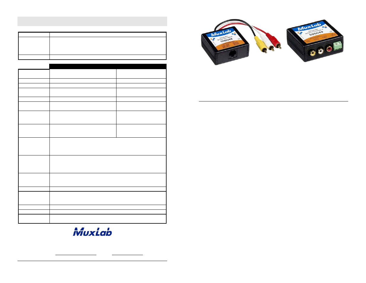 Muxlab Stereo AV/IR Pass-Thru Balun User Manual | 2 pages