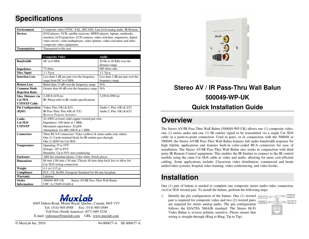 Muxlab Stereo AV/IR Pass-Thru Wall Plate Balun, UK User Manual | 2 pages