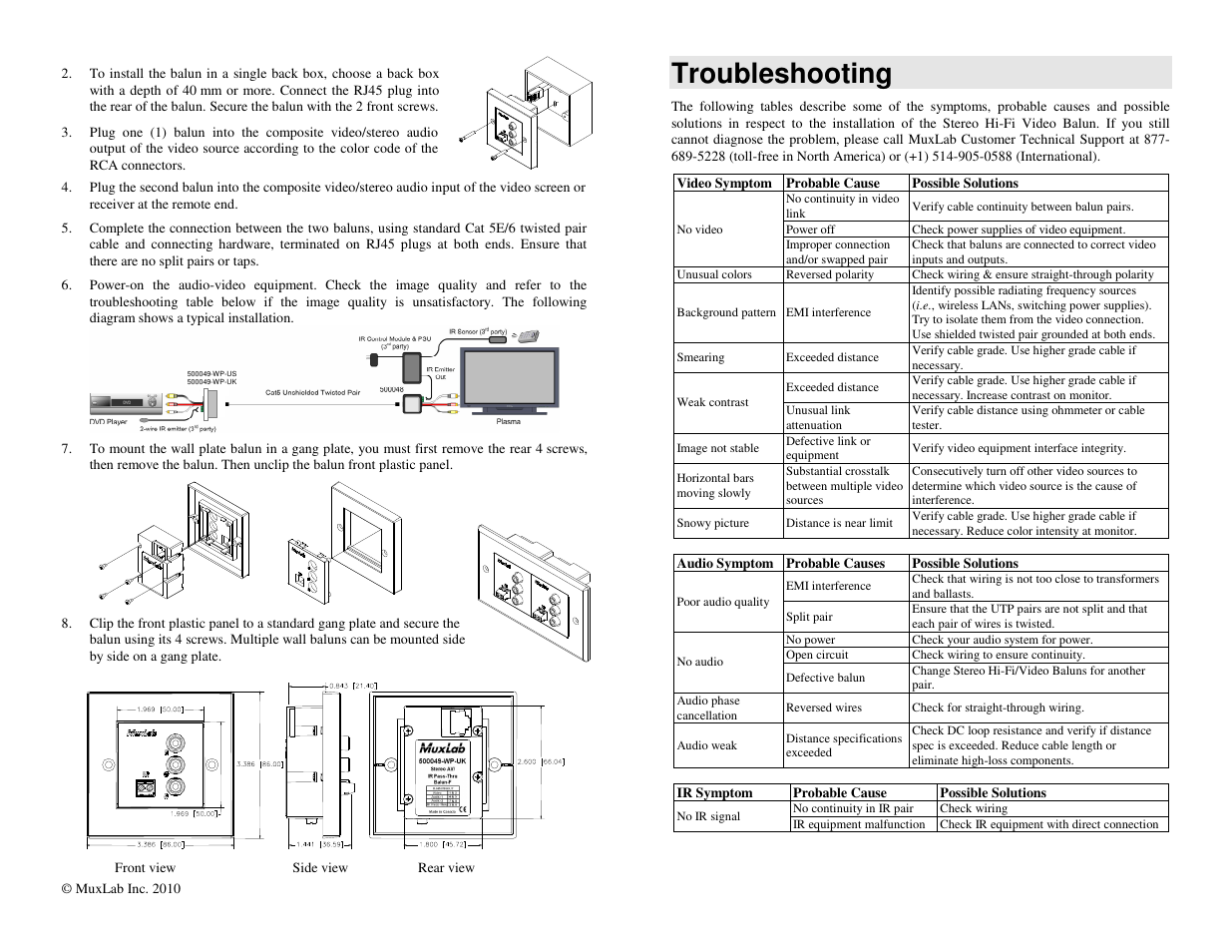 Troubleshooting | Muxlab Stereo AV/IR Pass-Thru Wall Plate Balun, UK User Manual | Page 2 / 2