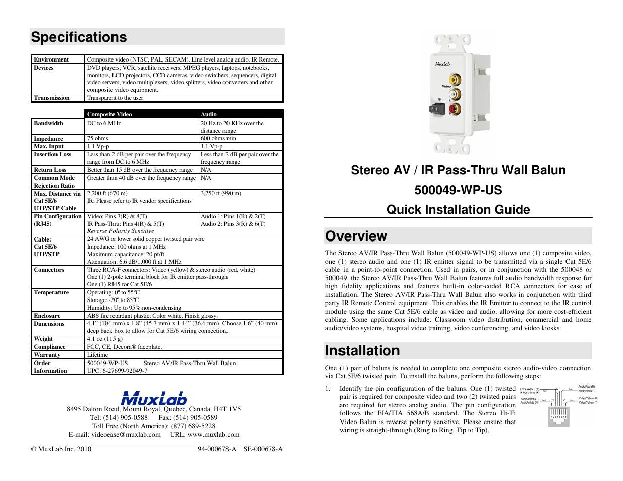 Muxlab Stereo AV/IR Pass-Thru Wall Balun, US User Manual | 2 pages