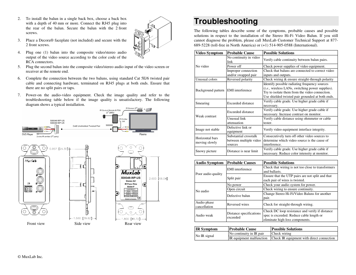 Troubleshooting | Muxlab Stereo AV/IR Pass-Thru Wall Balun, US User Manual | Page 2 / 2