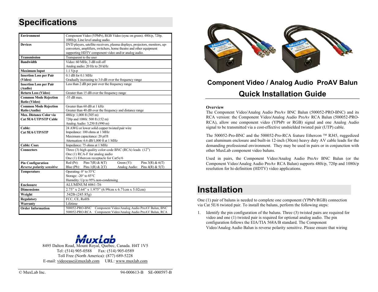 Muxlab Component Video/Analog Audio Balun User Manual | 2 pages