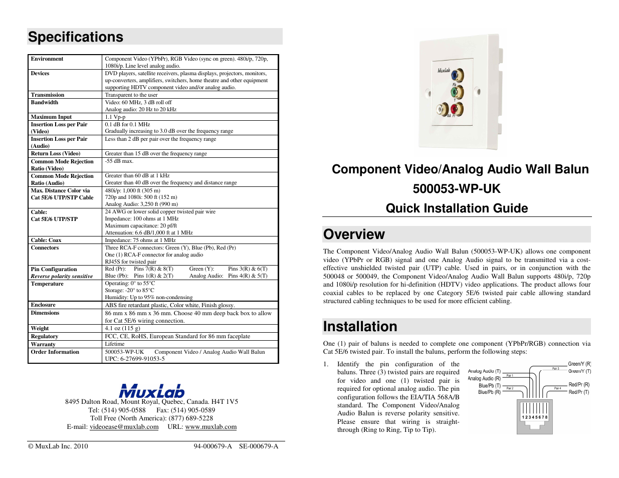 Muxlab Component Video/Analog Audio Wall Balun, UK User Manual | 2 pages