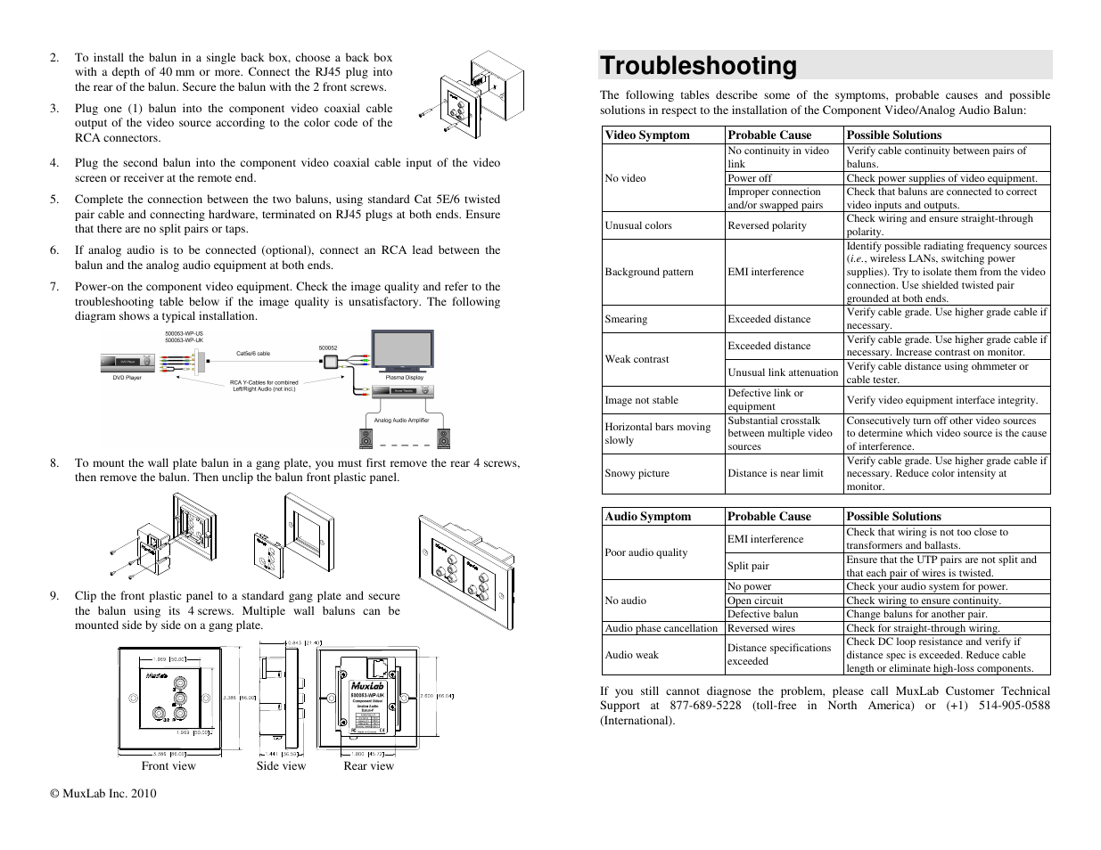 Troubleshooting | Muxlab Component Video/Analog Audio Wall Balun, UK User Manual | Page 2 / 2